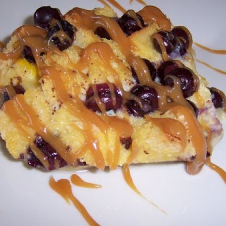 Blueberry Sourdough Bread Pudding in Caramel Sauce