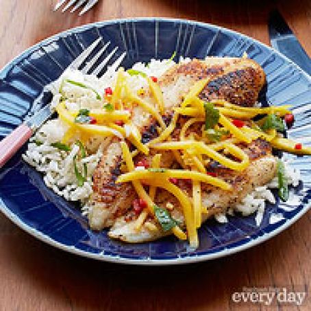 Flounder with Coconut-Ginger Rice & Mango Salsa