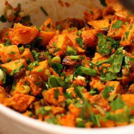 Roasted Sweet Potato Salad with Red Pepper Vinaigrette