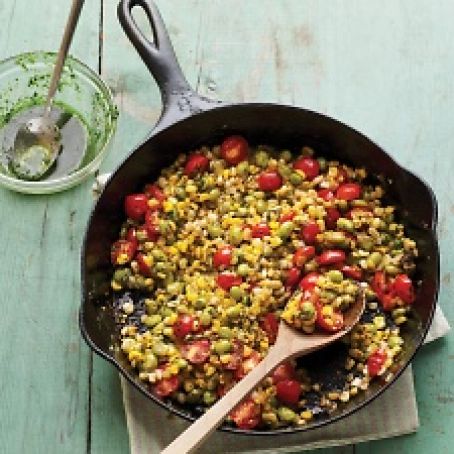 Skillet Corn, Edamame, and Tomatoes with Basil Oil