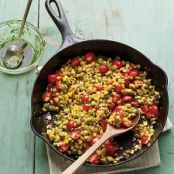 Skillet Corn, Edamame, and Tomatoes with Basil Oil