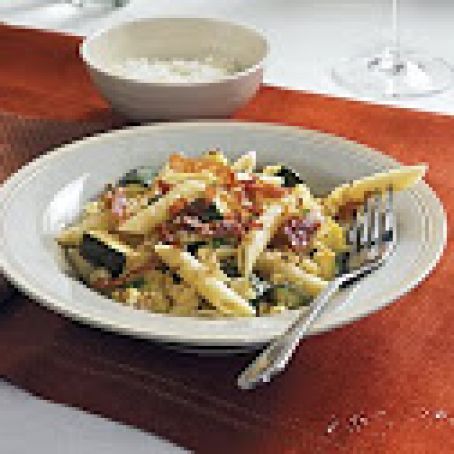 Penne with Crisp Prosciutto, Zucchini and Corn