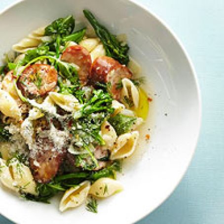 Spicy Chicken Sausage Pasta and Greens