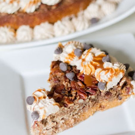 Pumpkin Crunch Cake with Cinnamon Whipped Cream, Bourbon Salted Caramel and Chocolate Chips