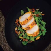 saffron-marinated chicken breast and baby greens salad
