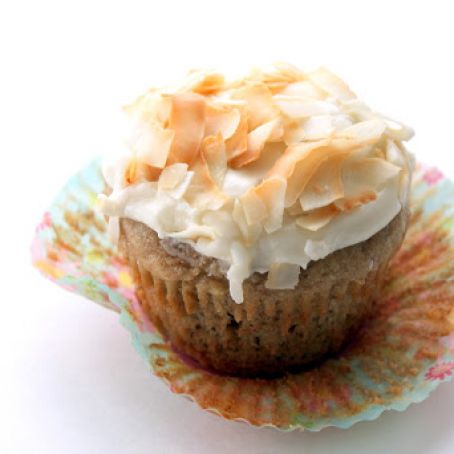 Lightened up Hummingbird Cupcakes with Toasted Coconut Cream Cheese Frosting