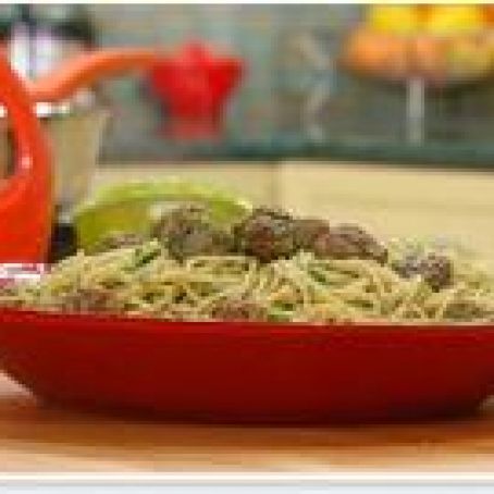 Spaghetti w/Spring Pea Pesto & Baby Meatballs