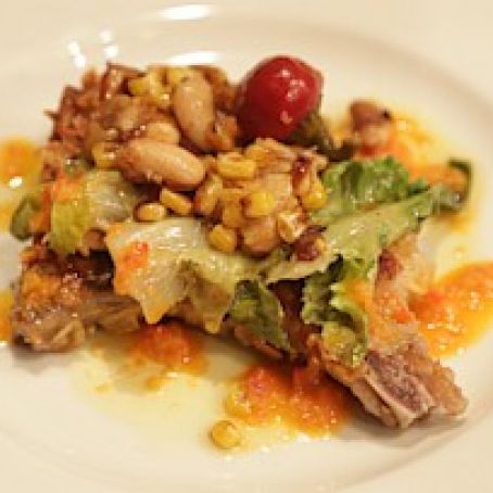 POTATO CHIP PORK CHOPS AND ESCAROLE WITH CORN AND BEANS