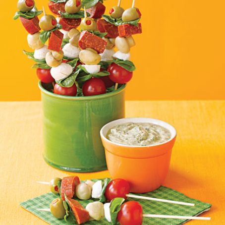 Antipasto Skewers with Pesto Dip