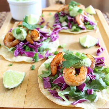 Spicy Shrimp Tostadas with Jalapeno Avocado Sauce