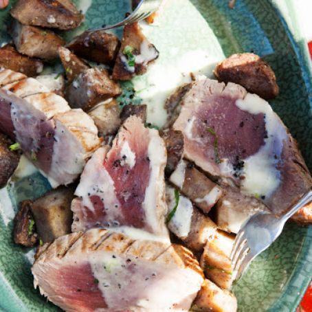 Grilled Ahi Tuna with Taro and Chile Pepper Aioli