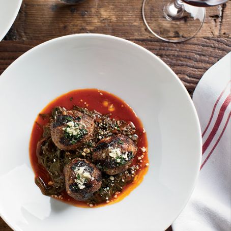Beef-Ricotta Meatballs with Braised Beet Greens