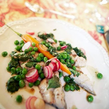 Mackerel Fillets with Fresh Peas, Radishes, and New Garlic
