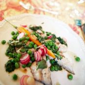 Mackerel Fillets with Fresh Peas, Radishes, and New Garlic