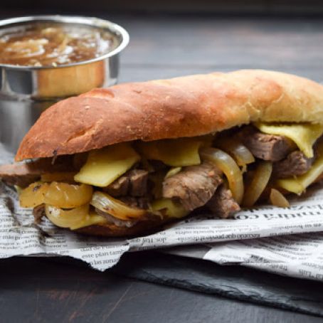 Coffee & Soy Marinated Steak French Dip Sandwiches