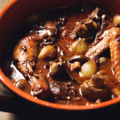 Coq Au Vin [Chicken in Red Wine with Onions, Mushrooms and Bacon]