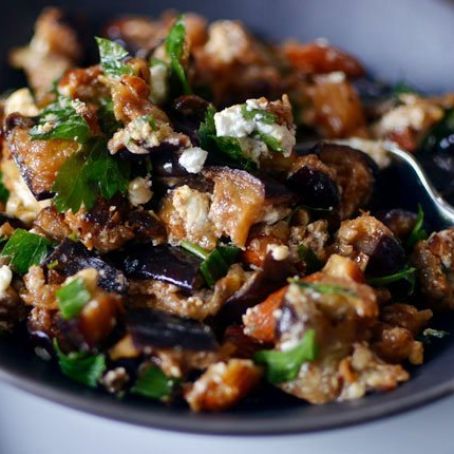 Roasted Eggplant Salad with Smoked Almonds & Goat Cheese