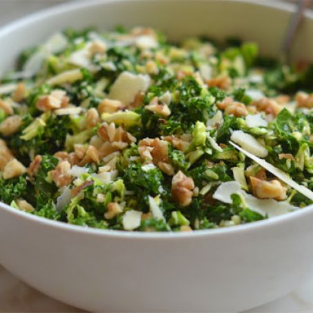 Kale & Brussels Sprout Salad with Walnuts, Parmesan & Lemon-Mustard Dressing