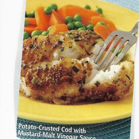 POTATO CRUSTED COD WITH MUSTARD MALT VINEGAR SAUCE