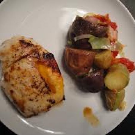 Chutney and Cheddar-Stuffed (fake) Chicken Breasts with Bacon, Leek, and Tomato Potatoes