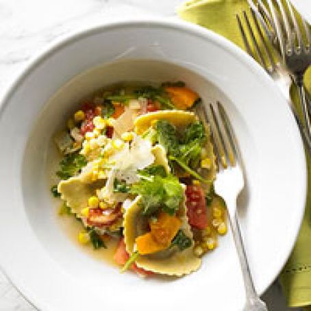 Mushroom Anolotti with Corn, Tomatoes, and Arugula Pan Sauce