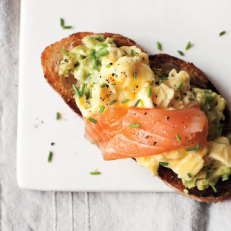 Scrambled Eggs, Avocado, and Smoked Salmon on Toast