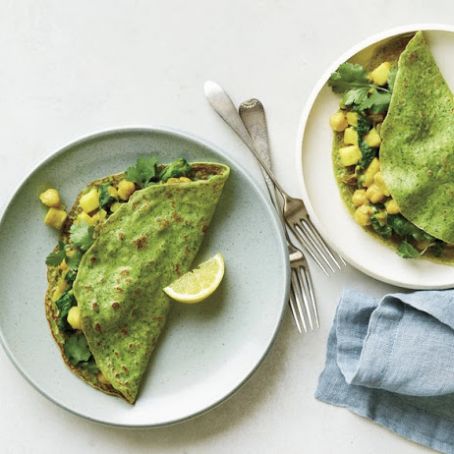 Spinach-Curry Crepes with Apple, Raisins, & Chickpeas