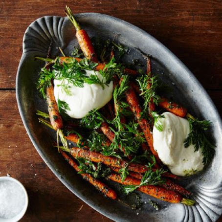 Roasted Carrots with Carrot Top Pesto and Burrata