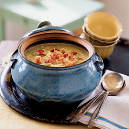 Corn and Fingerling Potato Chowder with Applewood Smoked Bacon