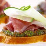 Prosciutto and Cucumber Crostini with Arugula Mustard