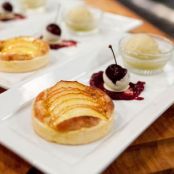 Apple-Cherry-White Chocolate Frangipane Tart with Green Apple Sorbet and Cherry-Apple Brandy Compote