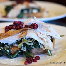 Bacon Dripping Dandelions with Roasted Chicken Pomegranate & Asiago