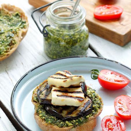 Grilled Eggplant burgers with Halloumi and Pesto Spread