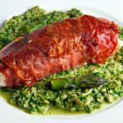 Prosciutto Wrapped Halibut on Asparagus Sauce