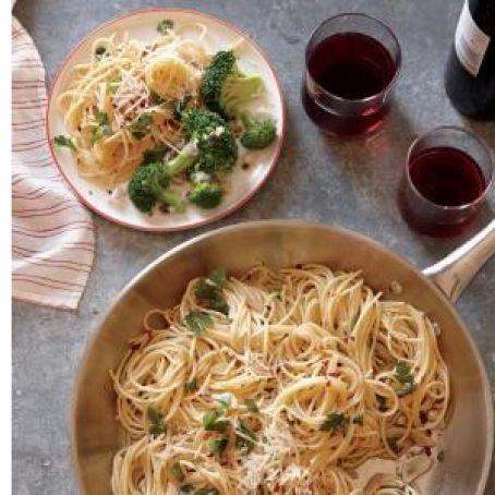 Spaghetti with Anchovies, Garlic, and Red Pepper with Lemon-Caper Broccoli