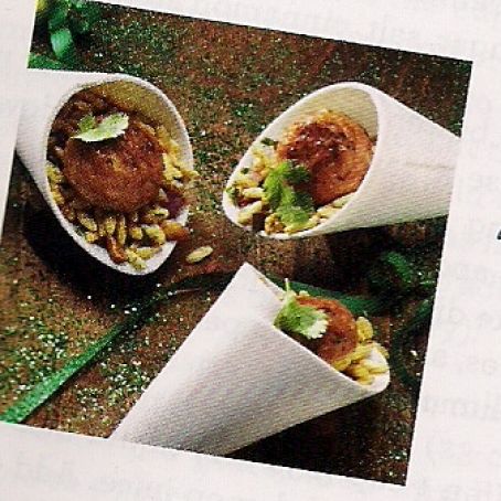 TANDOORI CHICKEN & PINEAPPLE MEATBALLS W/PUFFED RICE CRUNCH