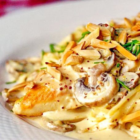 Dijon Chicken Linguine with Chanterelle Mushrooms and Toasted Almonds
