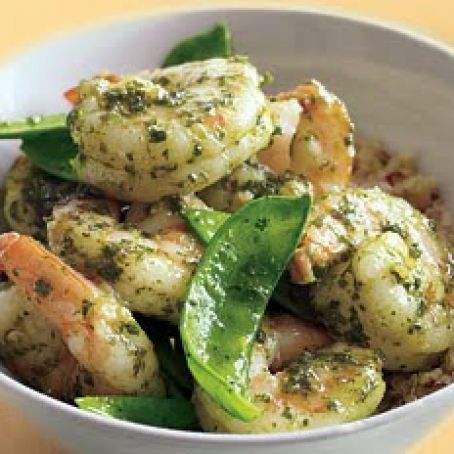 Pesto Shrimp with Snow Peas over Quinoa