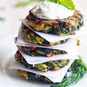 Zucchini, Feta, and Spinach Fritters With Garlic Tzatziki