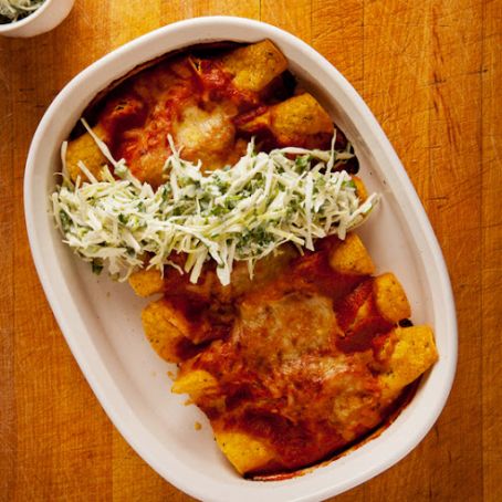 Chicken, Cheese and Mushroom Enchiladas with Sour Cream Slaw