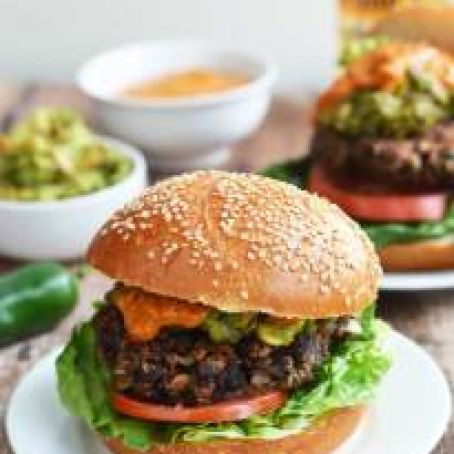 Black Bean Burgers with Chipotle Lime Tahini and Crunchy Guacamole