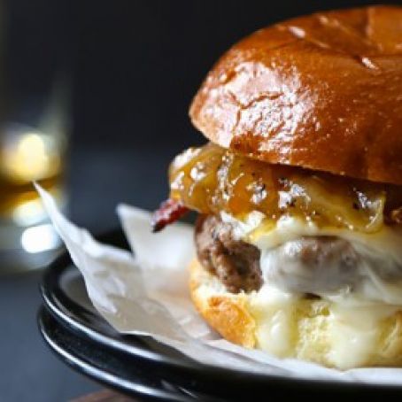 Bacon and Brie Burger with Spicy Peach Caramelized Onions