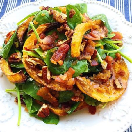 Crispy Butternut Squash Spinach Salad with Bacon-Shallot Vinaigrette