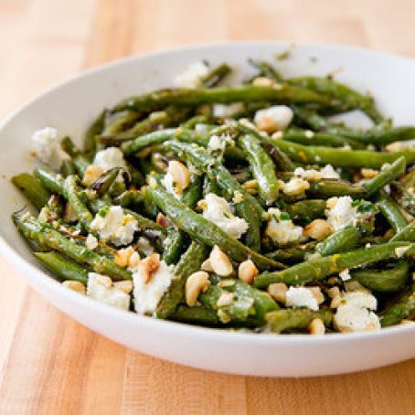 Roasted Green Beans with Goat Cheese and Hazelnuts