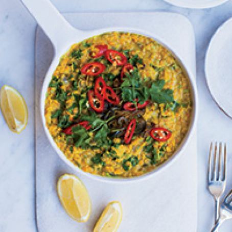Red Lentil Dal with Coconut Milk and Kale