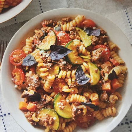 Beef Bolognese with Tomatoes, Summer Squash, & Opal Basil