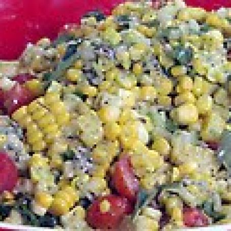 Grilled Corn and Tomato-Sweet Onion Salad with Fresh Basil Dressing and Crumbled Blue Cheese