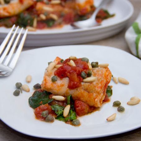 Cod Poached in Tomato Sauce with Spinach, Capers, and Pine Nuts