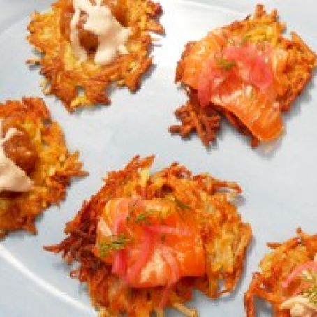 Potato Pancakes with Chunky Granny Smith Applesauce and Cinnamon Creme Fraiche