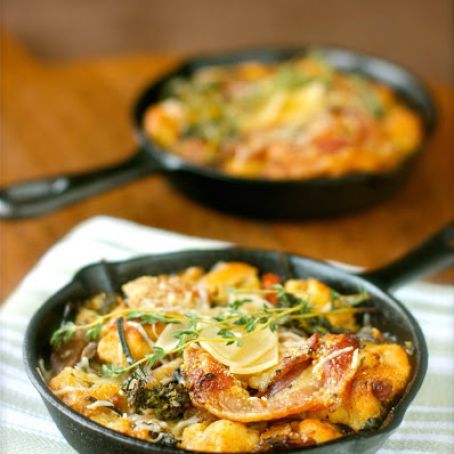 Parmesan Bread Pudding with Baby Broccoli, Mushrooms, and Pancetta